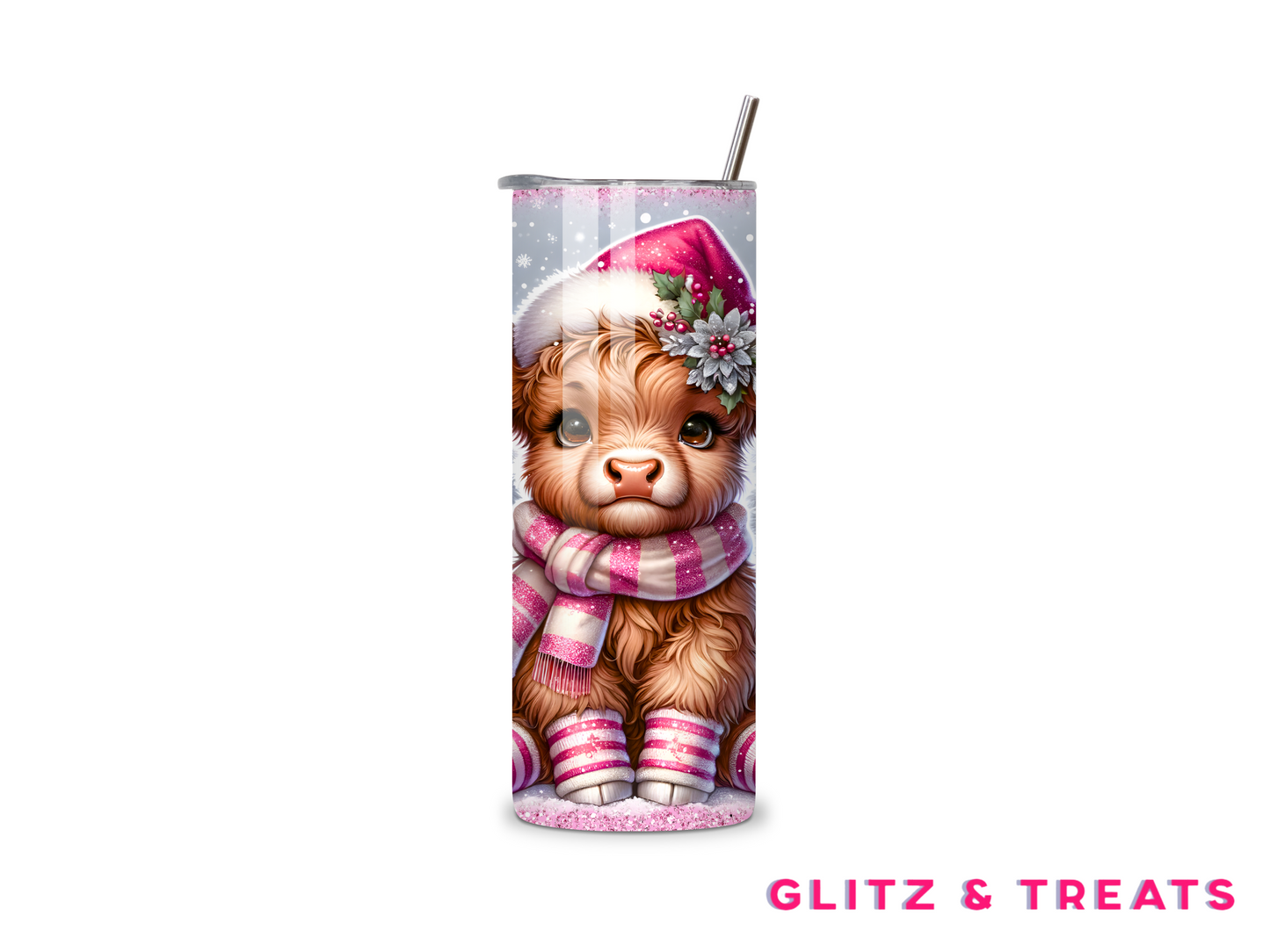 Pink Christmas Highland Cow Tumbler