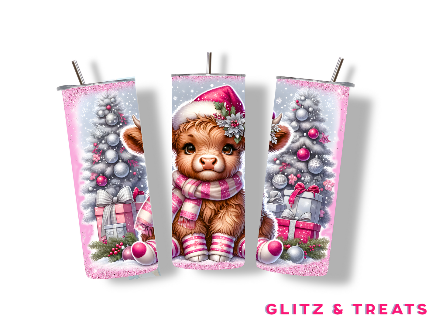Pink Christmas Highland Cow Tumbler