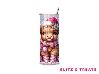 Pink Christmas Highland Cow Tumbler