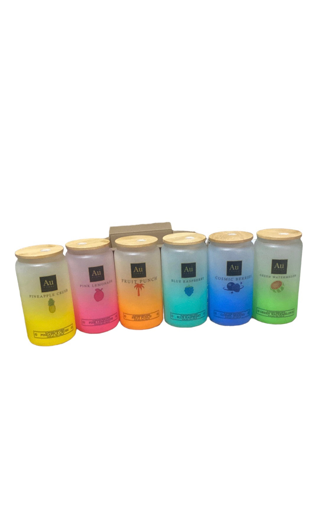 AU Vodka Beer Can Style Glass in Pineapple, Blue Raspberry, Watermelon, Cosmic Berries, Fruit Punch, Cherry, Bubblegum - Distinctive blue, yellow, orange, red, dark blue, green, pink tint and branding, ideal for enjoying  AU Vodka stylishly